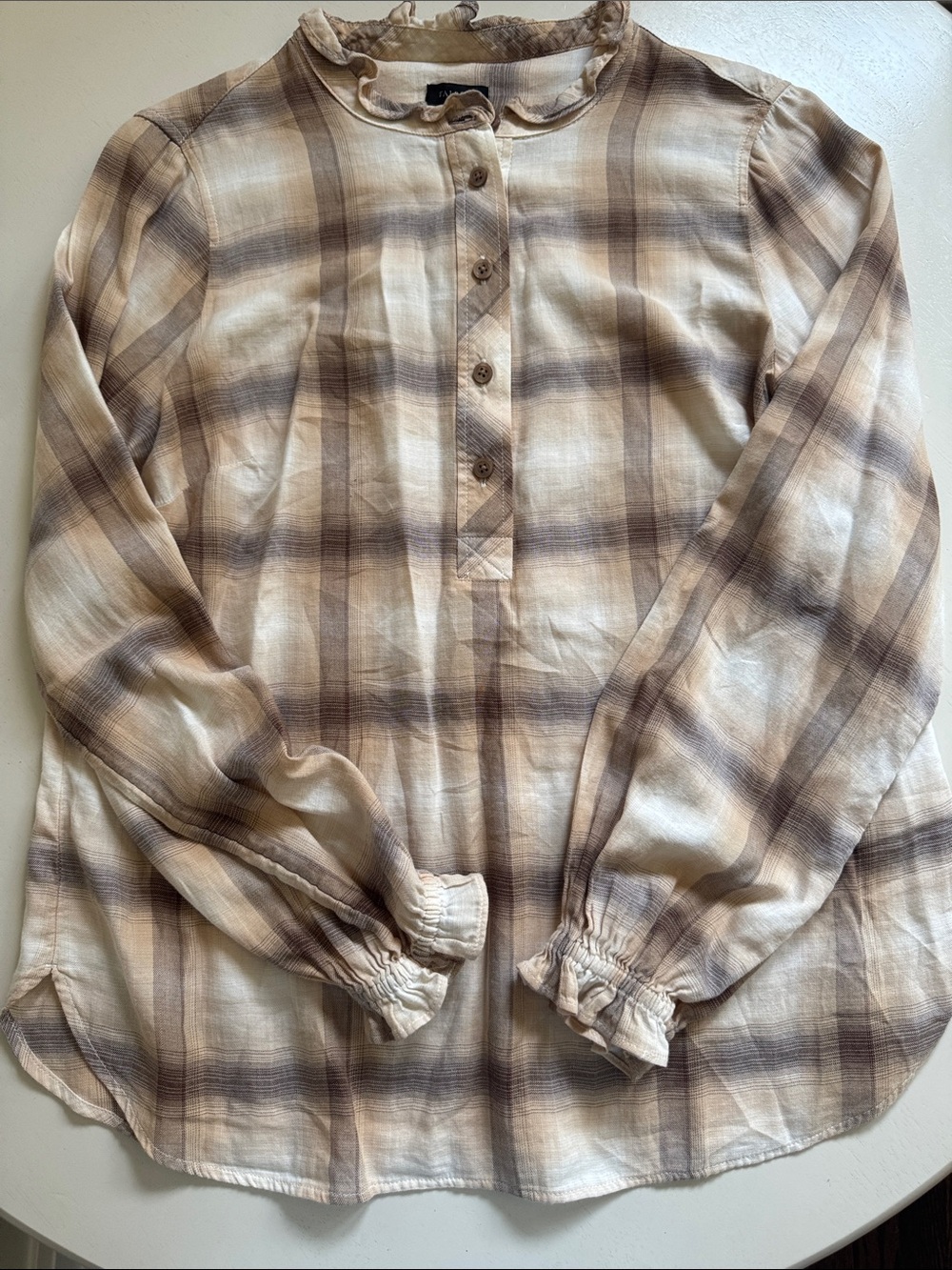 Talbots Plaid Brown and White Ruffle-Neck Button Pullover Blouse